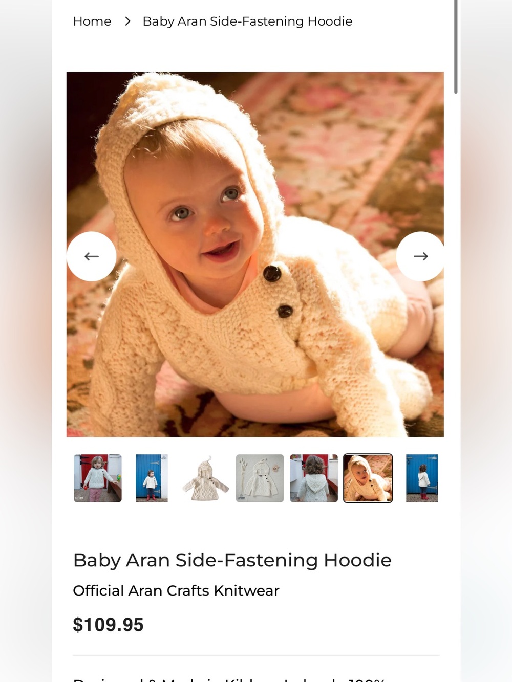 Aran Crafts Cream Aran Knit Baby Hoodie with Hood and Side Buttons Size S